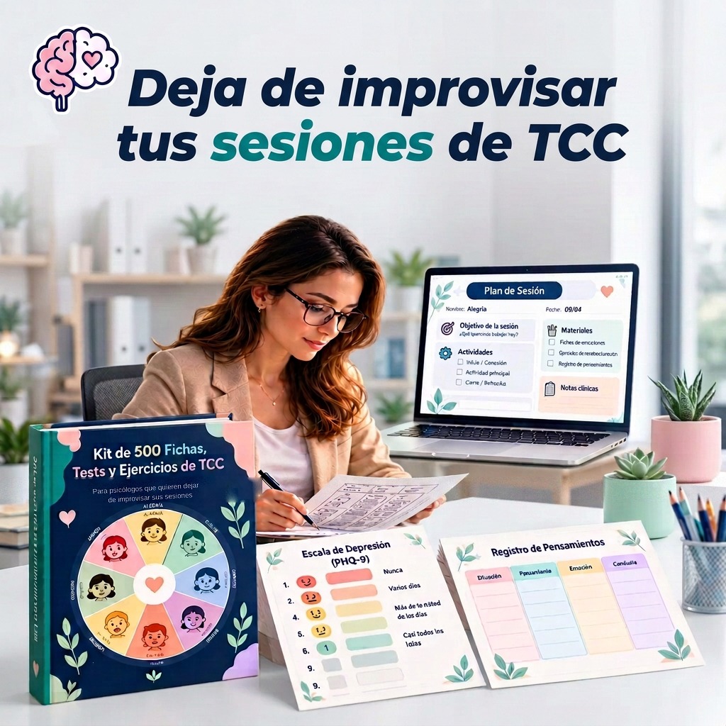 Portada del kit con el titular «Deja de improvisar tus sesiones de TCC»: libro, plan de sesión en portátil, escala de depresión y registro de pensamientos