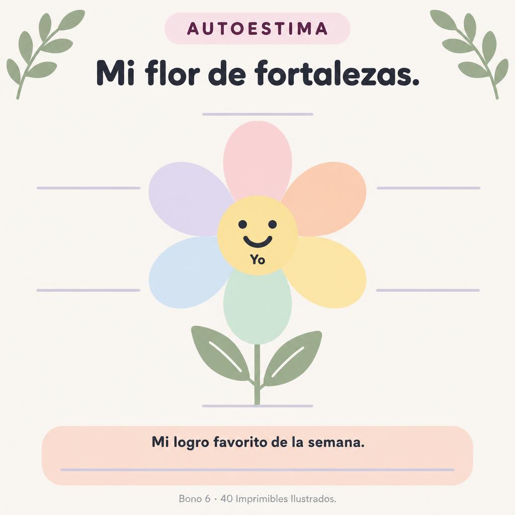 Imprimible de autoestima: mi flor de fortalezas con seis pétalos de colores