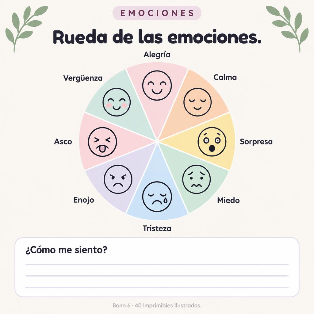 Imprimible de emociones: rueda de las emociones con ocho caritas y la pregunta ¿Cómo me siento?
