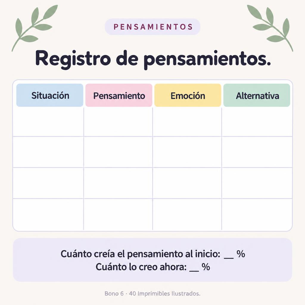 Imprimible de pensamientos: registro con columnas situación, pensamiento, emoción y alternativa